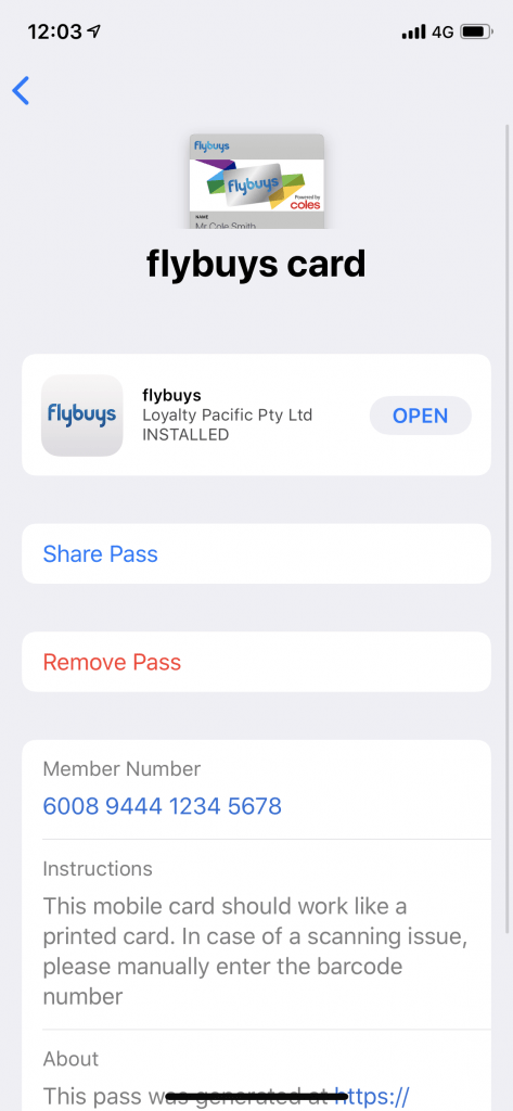 Rear of flybuys pass in Apple Wallet